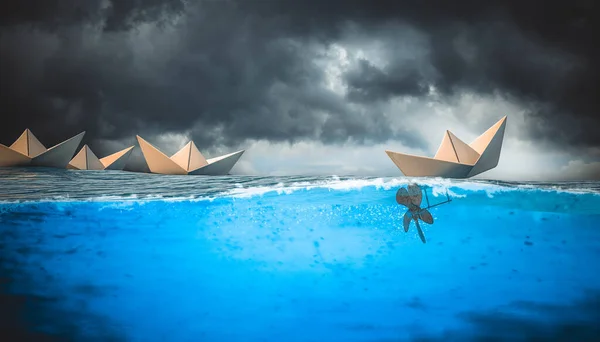 纸船在水面上 一个有引擎 比另一个有优势 3D渲染 — 图库照片