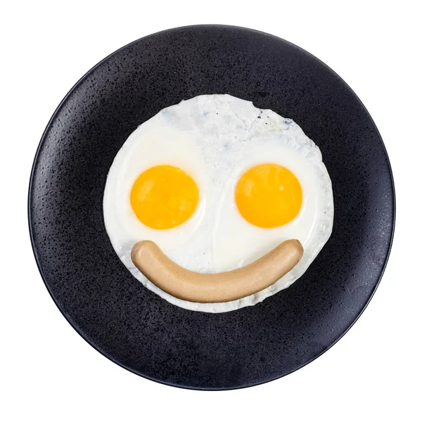 Vista Superior Huevos Fritos Salchichas Hervidas Plato Negro Aislado Sobre — Foto de Stock