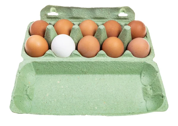 Tien Verschillende Kippeneieren Negen Bruine Eieren Één Witte Groene Kartonnen — Stockfoto