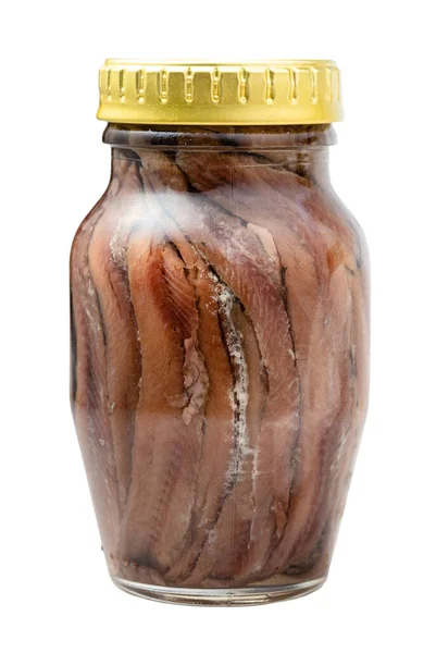 Glass Jar Canned Anchovy Fillets Isolated White Background — Stock Photo, Image