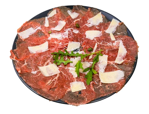 Servido Carpaccio Filé Carne Crua Fatias Finas Decorado Por Parmesão — Fotografia de Stock