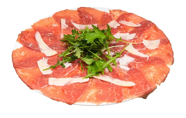 Served Carpaccio Thinly Sliced Raw Beef Fillet Decorated Parmesan Arugula — Stock Photo, Image