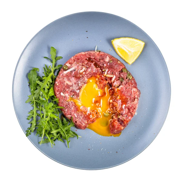 Vista Superior Del Filete Servido Tartar Carne Res Picada Cruda —  Fotos de Stock