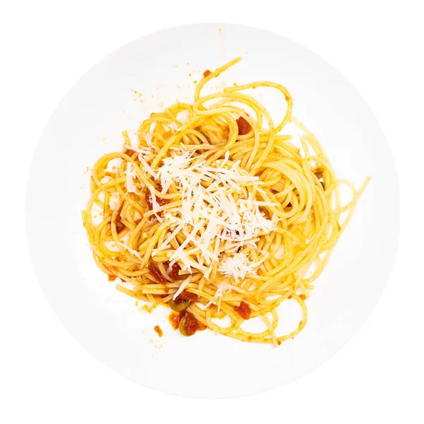 Top View Portion Spaghetti Alla Sorrentina White Plate Isolated White — Stock Photo, Image