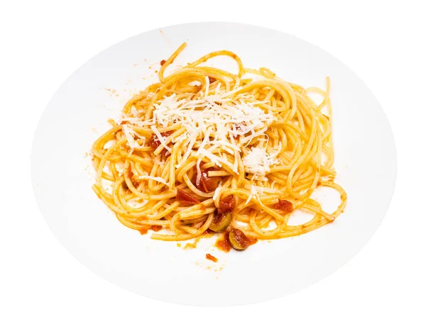 Portion Spaghetti Alla Sorrentina Sur Plaque Blanche Isolée Sur Fond — Photo