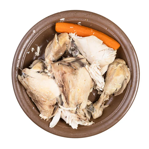 Top View Boiled Chicken Meat Brown Plate Isolated White Background — Stock Photo, Image