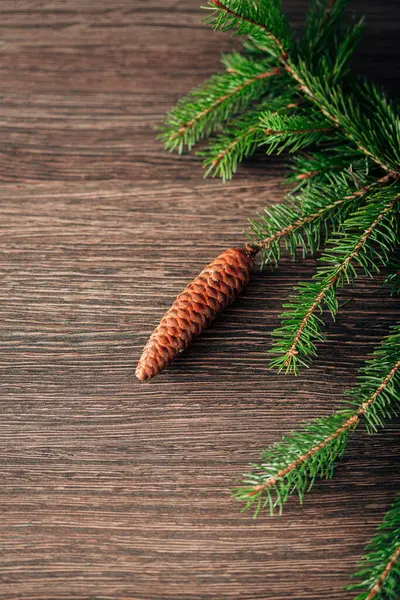 Copyspace Ile Kahverengi Arkaplanda Noel Ağacı Yeşil Dalları Dekorasyonu — Stok fotoğraf