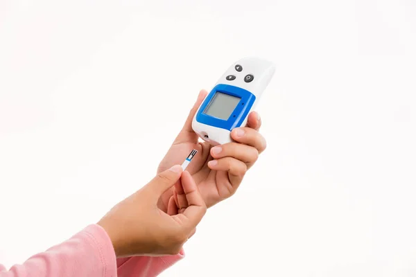 Gros Plan Main Femme Mesurant Niveau Glucose Test Contrôle Doigt — Photo