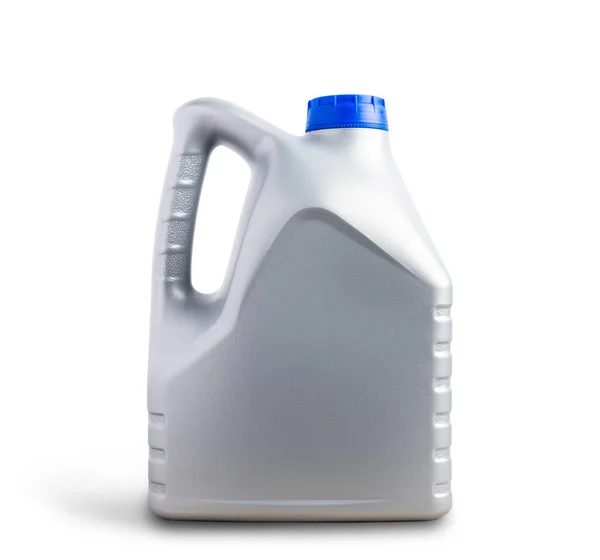 Grå Plast Behållare Maskin Smörjolja Gallon Flaska Liter Med Blå — Stockfoto