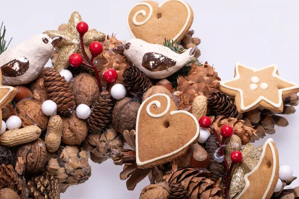 Christmas Decorations Pine Cones Nuts Handmade Christmas Cookies — Stock Photo, Image
