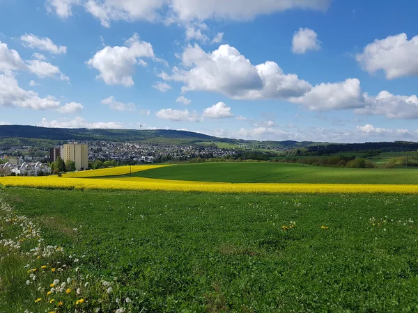 Landschaft Taunus Diese Huegelige Berge Und Rapsfelder Liegen Taunusstein Land — Fotografia de Stock