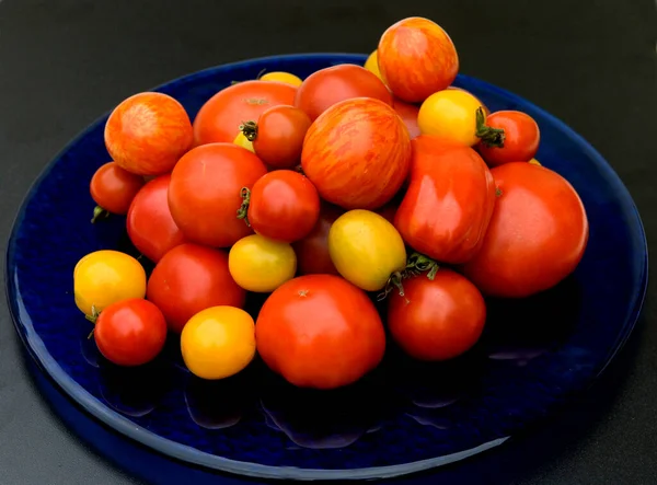 黒いプレートの上に新鮮な赤いトマト — ストック写真