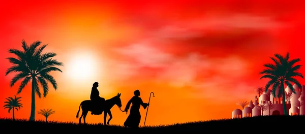 Jungfrau Maria Und Josef Bei Sonnenuntergang Ihre Reise Wüste Sonne — Stockfoto