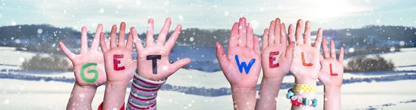 Children Hands Building Colorful English Word Get Well Fundo Inverno — Fotografia de Stock