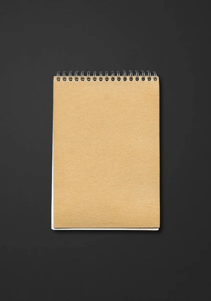 Spiral Closed Notebook Mockup Brown Paper Cover Isolated Black Background — Foto Stock