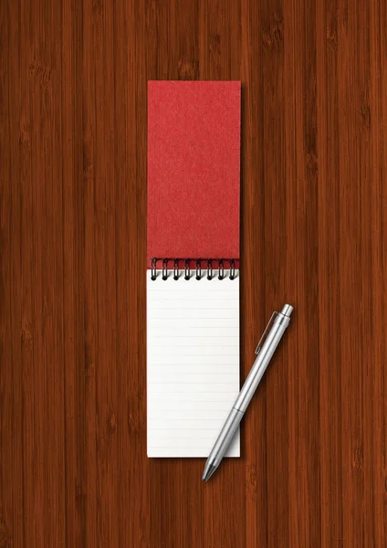 Blocco Note Aperto Vuoto Spirale Penna Mockup Isolato Sfondo Legno — Foto Stock