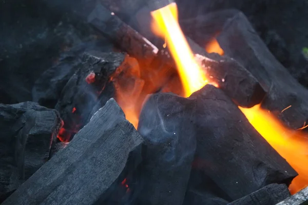 Fuoco Tronchi Pentola Fuoco Con Braci Carbone Fiamme Falò Con — Foto Stock