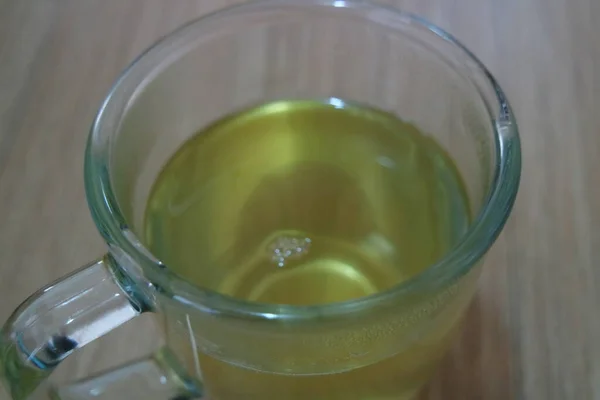 Glass Cup Having Brewed Fragrant Green Tea Qehwa Qahwa Wooden — Stock Photo, Image