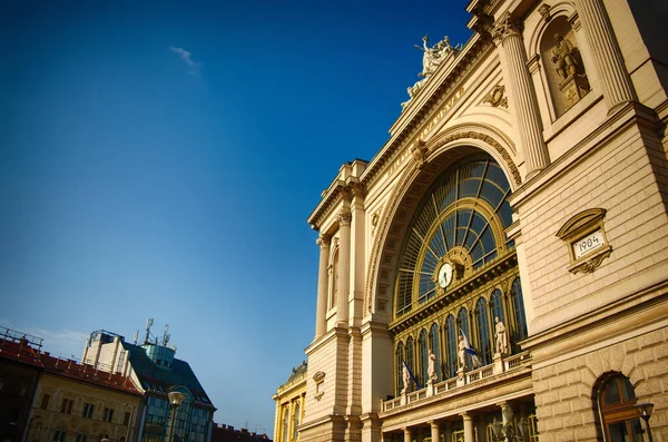 Keleti Railway Station in Budapest, Hungary with clear blue sky in the background. Eastern railway station in Budapest.