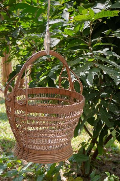 Cesta Madeira Velha Com Uma Alça Vime — Fotografia de Stock