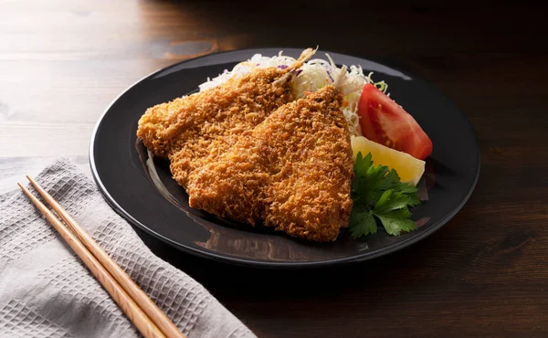 Fried Horse Mackerel Served Plate Wooden Background Japanese Home Cooking — Stock Fotó