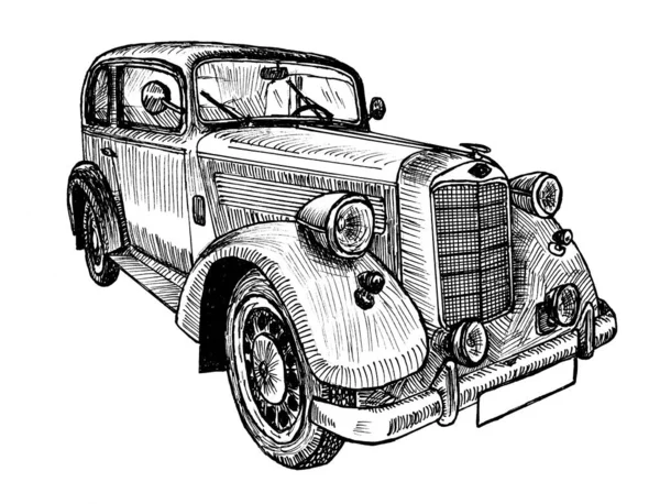 手描きヴィンテージレトロカー ドアスケッチグラフィックモノクロームイラスト白背景 オリジナル トレースなし — ストック写真