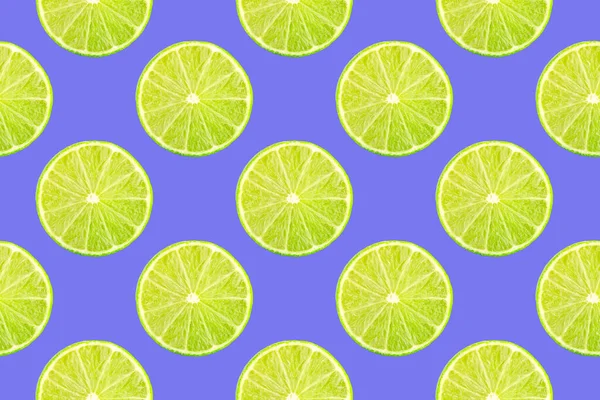 Creative Layout Seamless Fruits Pattern Lime Fruit Slices Light Blue — Stock Photo, Image