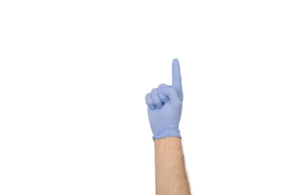 Lékař Ruka Modrou Rukavicí Ukazující Palec Nahoru Izolované Bílém Pozadí — Stock fotografie