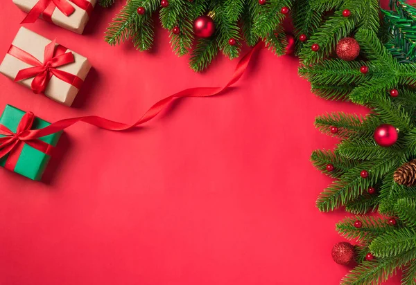 Χριστουγεννιάτικο Φόντο Διακοπών Διακόσμηση Κουτί Δώρου Σύνθεση Top View Έλατο — Φωτογραφία Αρχείου