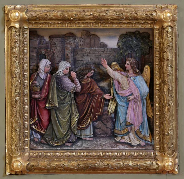 Maria Magdalena Kobiety Przy Pustym Grobie Jezusa Dniu Zmartwychwstania Ulga — Zdjęcie stockowe