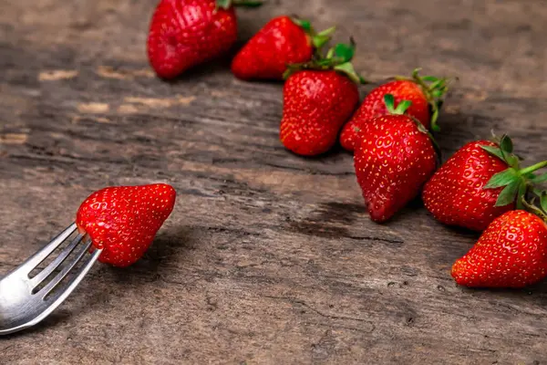 Fresh Strawberries One Berry Fork Still Life Dark Wooden Background — Stock Photo, Image