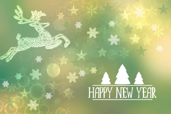 祝您新年快乐 节庆典雅的绿色金光闪闪的贺卡 上面有圆圈 闪亮的圣诞星 一只雄鹿和文字 — 图库照片