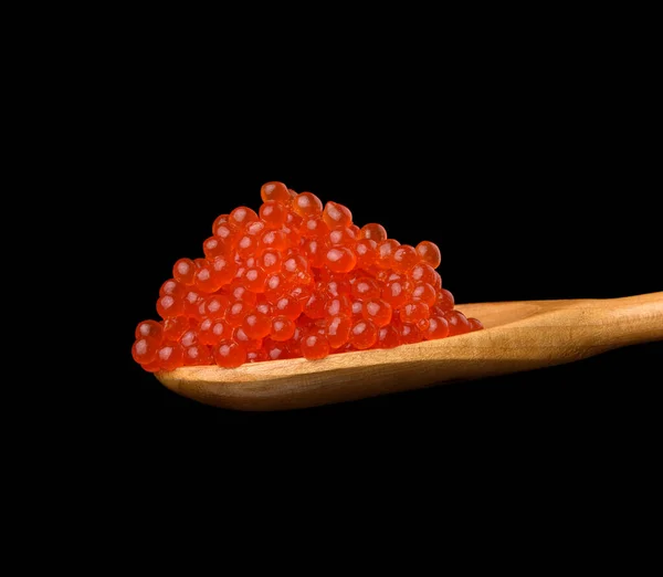 Vers Korrelig Rood Chum Zalmkaviaar Een Houten Lepel Heerlijk Gezond — Stockfoto