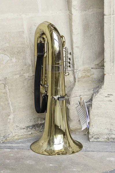 Trombone Guld Gatan Vind Instrument Detalj Gatumusik Ett Band — Stockfoto