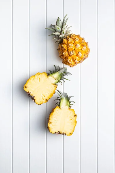 Ripe Baby Pineapple Halved Mini Pineapple White Wooden Table Top — Stock Photo, Image
