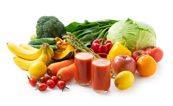 Viele Verschiedene Gemüse Und Obstsorten Auf Weißem Hintergrund Und Ein — Stockfoto