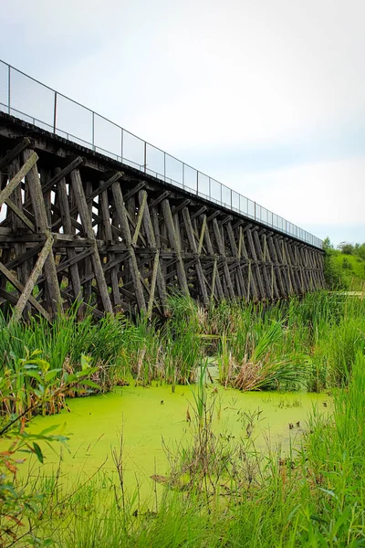 Старый Эстакадный Железнодорожный Мост Охватывающий Пруд — стоковое фото