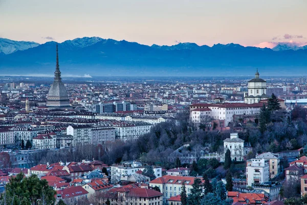 Turin Itália Circa Agosto 2020 Vista Panorâmica Com Horizonte Pôr — Fotografia de Stock