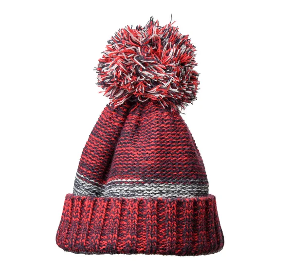 Winter Gebreide Rood Zwarte Muts Met Pompon Geïsoleerd Witte Achtergrond — Stockfoto