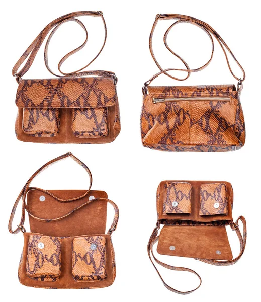 Set Brown Handbag Handmade Snake Leathers Isolated White Background — Stock Photo, Image