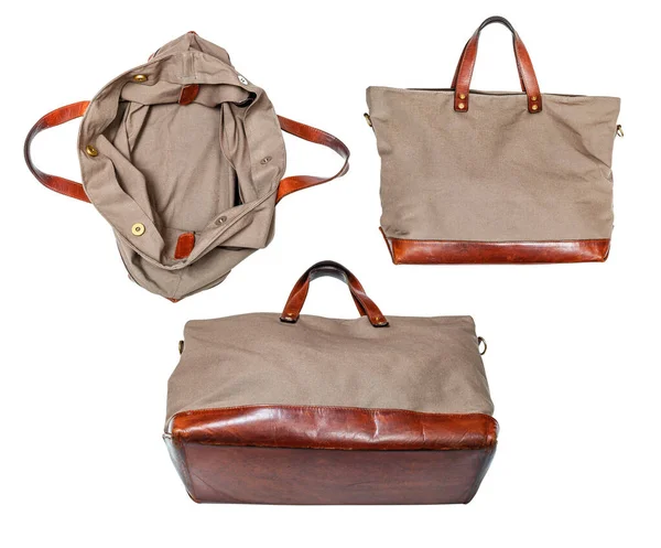 Set Handcrafted Travel Handbag Made Leather Canvas Tarp Isolated White — Stock Photo, Image