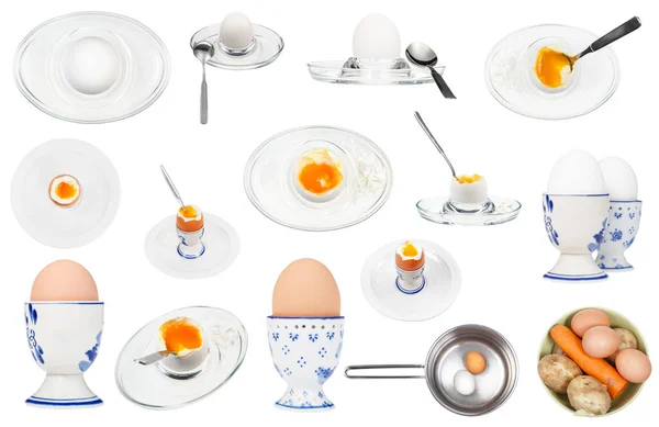 Beyaz Arka Planda Izole Edilmiş Çeşitli Haşlanmış Yumurtalardan Kolaj — Stok fotoğraf