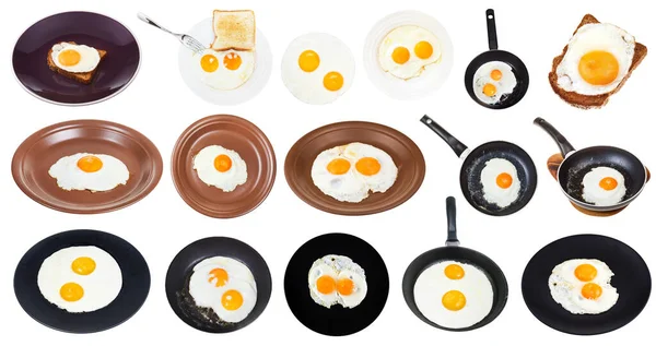 Conjunto Varios Huevos Fritos Platos Sartenes Aislados Sobre Fondo Blanco — Foto de Stock