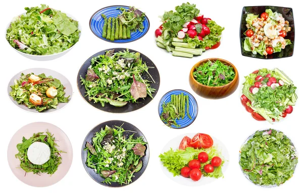 Különböző Friss Saláták Fehér Alapon Izolált Leveles Zöldségekből — Stock Fotó
