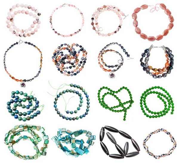 Colección Varias Cadenas Perlas Piedras Preciosas Cuarzo Rosa Nefrita Jade —  Fotos de Stock