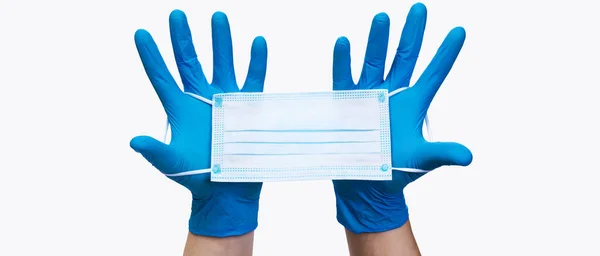 Medyczne Rękawice Ochronne Niebieskiej Rękawiczce Biała Koszula Szarym Tle — Zdjęcie stockowe