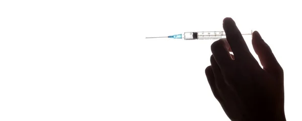 手握注射器 带有白色背景的疫苗 — 图库照片