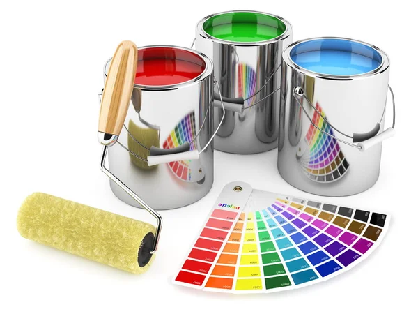 缶塗料 ローラーブラシと色のパレットのグループ — ストック写真