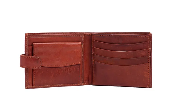 白い背景に隔離されたオープンブラウンの革の財布 スタイリッシュな男性用アクセサリー — ストック写真