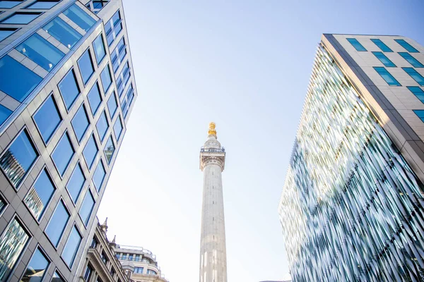 近代的な2つの建物の間のロンドンの大火災への記念碑の低角度ビュー 上と澄んだ青空の下で黄金の彫刻と背の高い列 美術品 建造物 — ストック写真